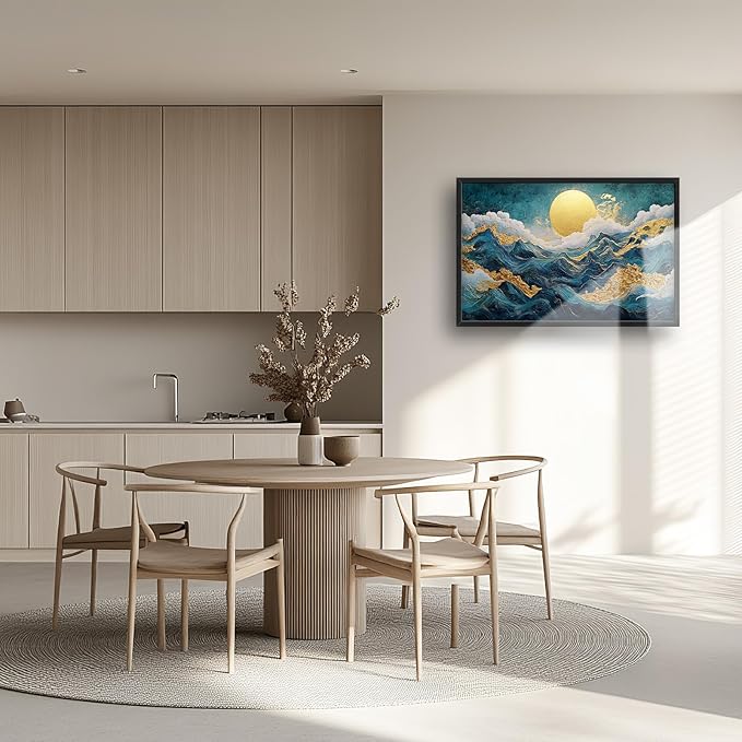 Framed Large Sun Mountain Wall Art, Oversized Teal and Golden Sun Wall Decor for Living Room, Abstract Landscape Canvas Painting Modern Artwork Home Decoration for Living Room Bedroom 36"x24"-PurrikoPets