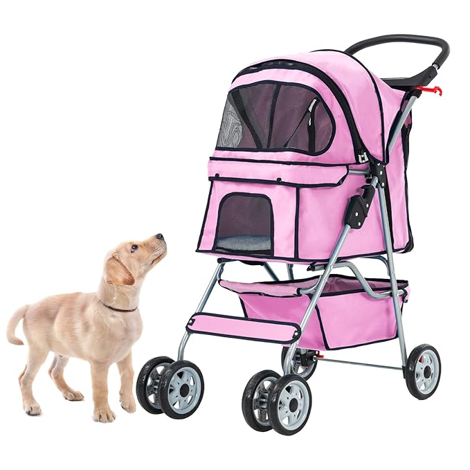 Dog Stroller, Folding 4 Wheels Pet Stroller for Small Medium Dog Cat Travel Carrier with Weather Cover Storage Basket Cup Holders Pink-PurrikoPets