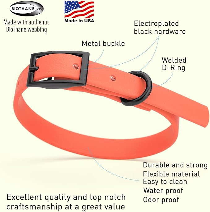 Dogline Biothane Waterproof Dog Collar Strong Coated Nylon Webbing with Black Hardware Odor- Proof for Easy Care Easy to Clean High Performance Fits Small Medium or Large Dogs, Coral-PurrikoPets