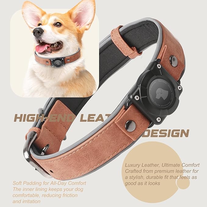 AirTag Dog Collar - Leather Dog Collar with Air Tag Holder | IPX8 Waterproof, Reflective, High - End, Adjustable Soft Padded | Dog GPS Tracker Collars Fit for Medium Large Dogs (Mahogany Brown, M)-PurrikoPets