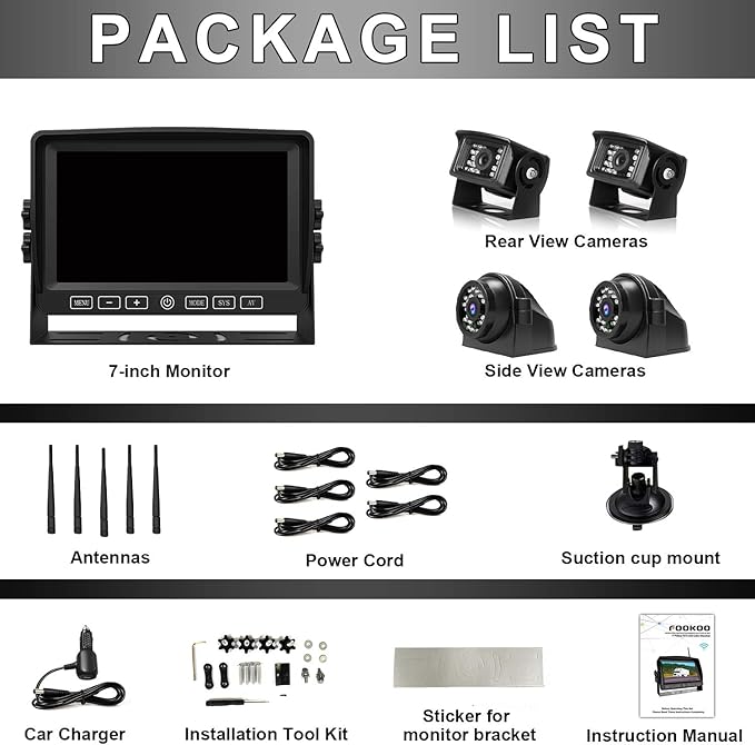 Fookoo HD 7" Wireless Backup Camera System, 1080P 7" Quad Split Screen Monitor, IP69 Waterproof Side Rear View Cameras, Parking Lines, Loop Recording, Digital Signal for RV/Trailer/Truck/Bus (DW7T4)-PurrikoPets