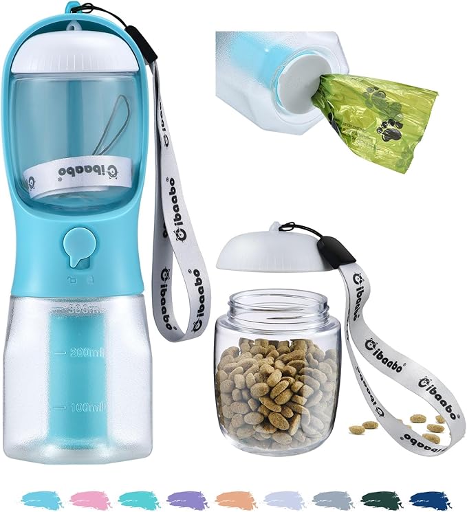 Dog Water Bottle with Food Container & Poop Bag Holder, Travel Water Bowl, Portable Pet Dispenser, Dog Stuff Accessories Items, Puppy Essentials Necessities for Yorkie Chihuahua Walking Hiking-PurrikoPets