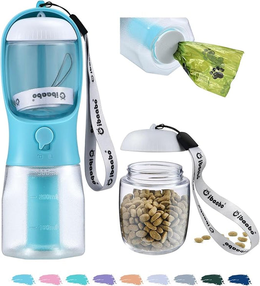 Dog Water Bottle with Food Container & Poop Bag Holder, Travel Water Bowl, Portable Pet Dispenser, Dog Stuff Accessories Items, Puppy Essentials Necessities for Yorkie Chihuahua Walking Hiking-PurrikoPets
