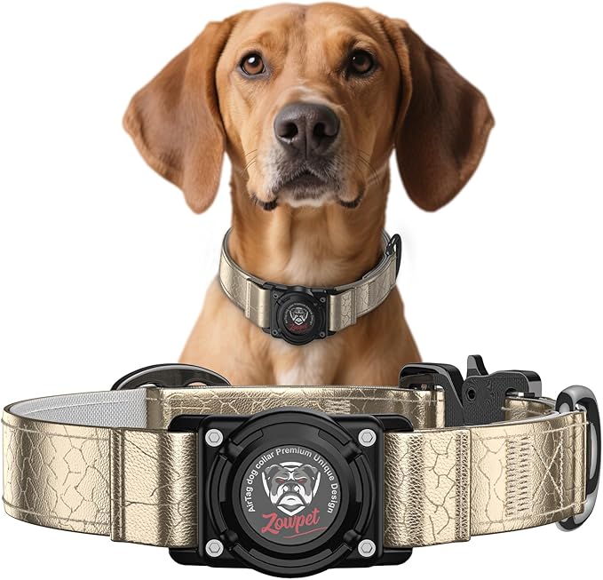 Airtag Dog Collar - Leather Dog Collar with Airtag Holder| IP68 Waterproof AirTag Holder with Metal Buckle, Comfortable GPS Dog Collars Tracker for Medium Large Dogs (Champagne Gold, L)-PurrikoPets