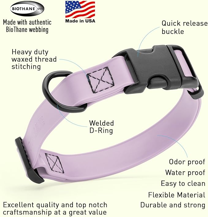 Dogline Biothane Waterproof Dog Collar with Quick Release Buckle Strong Coated Nylon Webbing with Odor- Proof for Easy Care Easy to Clean Fits Small Medium Large Dogs, Lavender 1" W 15-23" L-PurrikoPets