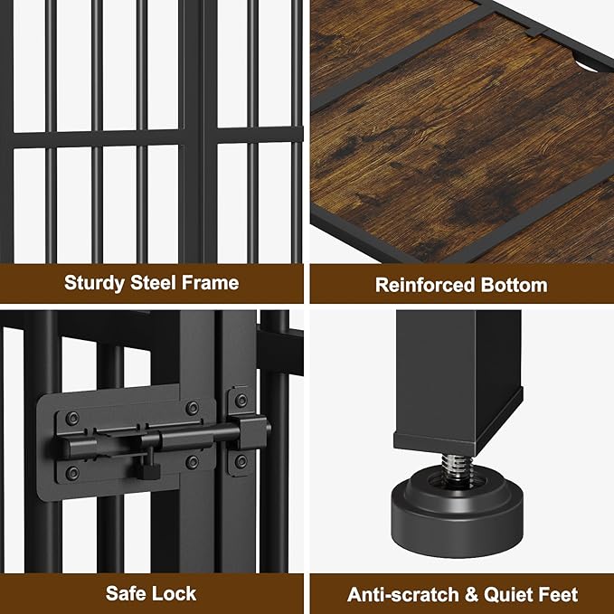 Easycom 41" Dog Crate Furniture Foldable, No Assembly Decorative Dog Kennel Indoor, Dog Crates for Large Dogs (40–65 lbs), Wooden Dog Cage with Adjustable Bowls and Name Tag, End Table, Rustic Brown-PurrikoPets