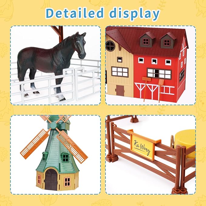 Farm Animals Figurines Toys -140 pcs Toy Set Barn Toy Horse Stable Tractor Trailer Windmill Farmer Fence Playset for Kids Toddlers Boy Girl 3-7 Years Old-PurrikoPets