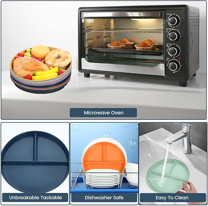 10 Pcs Unbreakable Divided Plates for Kids Adults, 9 Inch Round Portion Control Plate, 3 Compartment Plates with Dividers, Lightweight Reusable Dinnerware Portion Control Plastic, Dishwasher Safe-PurrikoPets