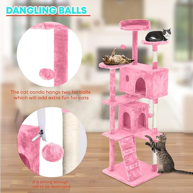 FDW Cat Tree 70in Cat Tower Multi-Level Durable Cat Scratching Post & Cozy Fun Cat Jumping Platform Space Saving Cat Condo Pet Play House for Indoor Cats,Pink-PurrikoPets