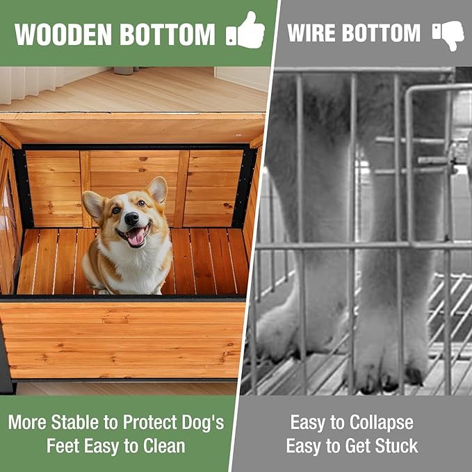 Dog House Outdoor with Anti-Chewing Iron Frame, Weatherproof Dog Kennel with Porch and Raised Feet for Small Medium Large Dogs Indoor (Brown, 45" x 32.9" x 32.6")-PurrikoPets