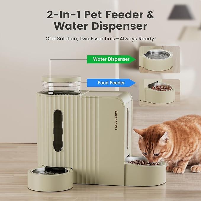 Gardner Pet Gravity Automatic 2-in-1 Pet Feeder, 0.8 Gallons*2 Cat Feeder and Water Dispenser Set, 100% BPA-Free Feeder and Stainless Steel Water Dispenser for Dogs, Cats, Rabbits, Puppies (Beige)-PurrikoPets