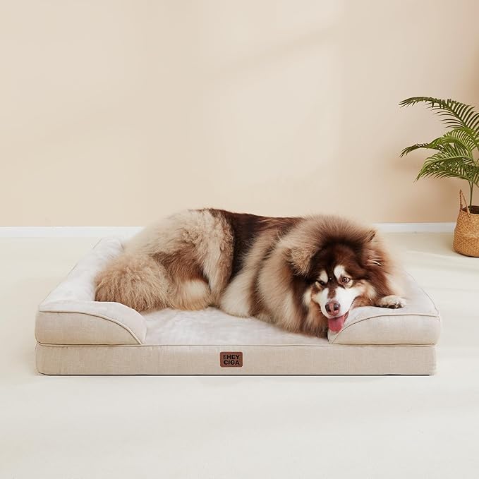 EHEYCIGA Orthopedic XL Dog Beds, Waterproof Memory Foam Dog Bed for Extra Large Dogs, Non-Slip Bottom and Egg-Crate Foam Big Pet Couch Bed with Washable Removable Cover, Beige-PurrikoPets