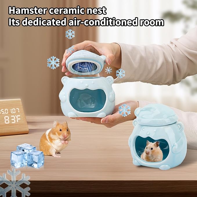3-in-1 Bear Shaped Ceramic Hamster House - Cool House for Syrian Dwarf Hamsters, Mice, Gerbils， Small Pets, Top for Hamster Food, Removable Lid for Ice Packs, Cute Cool Hideout for Summer（Blue）-PurrikoPets