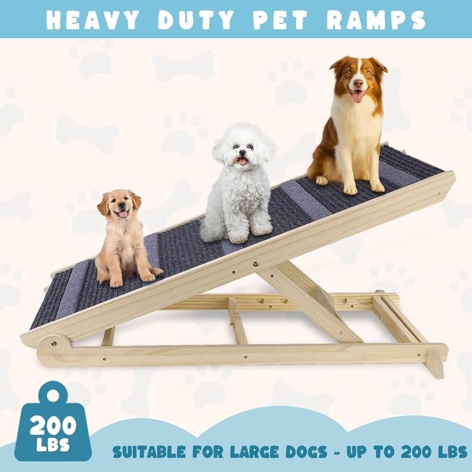 Dog Ramp for Bed, 6 Adjustable Height from 13.8" to 25.6", Folding Portable Wooden Pet Ramp for Small Dogs - Non-Slip High Traction Dog Ramp for High Bed Couch and Car Up to 200lbs-PurrikoPets