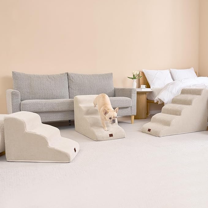 EHEYCIGA Curved Dog Stairs Ramp for Small Dogs 15.7" H, 3-Step Dog Steps for Couch Sofa and Chair, Pet Stairs for Cats, Non-Slip Balanced Pet Steps Indoor, Beige-PurrikoPets