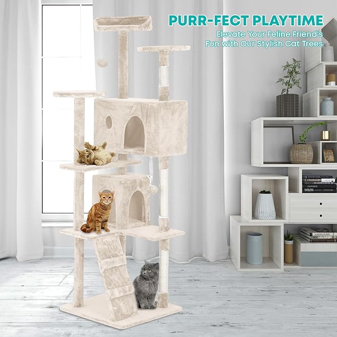 FDW Cat Tree 70in Cat Tower Multi-Level Durable Cat Scratching Post & Cozy Fun Cat Jumping Platform Space Saving Cat Condo Pet Play House for Indoor Cats,Beige-PurrikoPets
