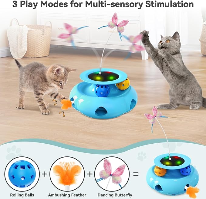 3in1 Interactive Cat Toys for Indoor Cats Rechargeable,Whack a Mole Cat Toy, Fluttering Butterfly, Track Balls, Automatic Kitten Toys Touch Activated, 2 Refill Feather-PurrikoPets
