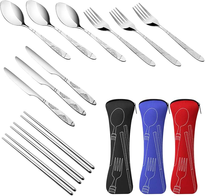 3 Pack Reusable Flatware Sets Knife, Fork, Spoon, Chopsticks, 12Pcs Portable Travel Stainless Steel Tableware Dinnerware with Carrying Case-PurrikoPets