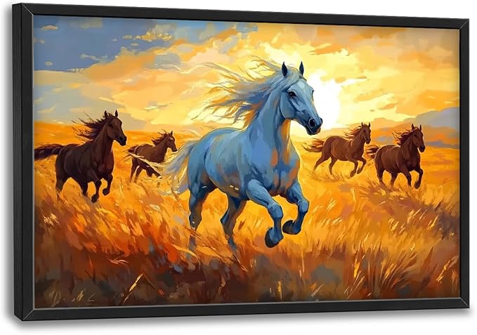 Framed Large Horse Wall Art for Living Room, Oversized Running Horses Wall Decor, Sunset Field Landscape Canvas Painting Home Decoration for Living Room Bedroom Dining Room Office 36"x24"-PurrikoPets