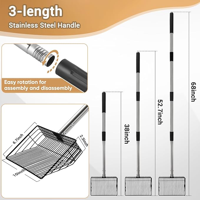 10inch Large Metal Chicken Poop Scooper, 24 to 68" Long Chicken Coop Litter Scoop with Stainless Steel Handle, 4 in 1 Multifunctional Heavy Duty Litter Sifting Shovel Chicken Coop Accessories-PurrikoPets
