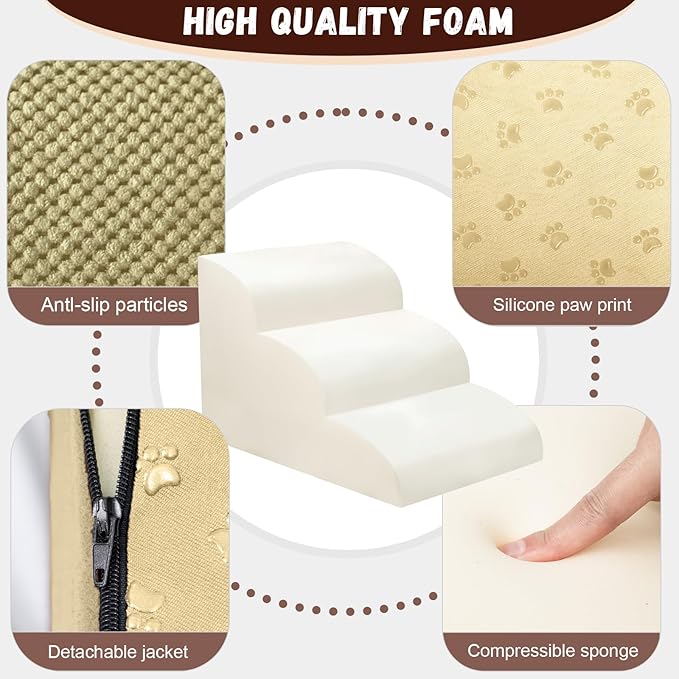 Dog Stairs for Small Dogs - High Density Foam Pet Steps, Extra Wide Dog Ramp with Non-Slip Bottom for High Beds, Couch and Sofa, Best for Dogs Injured, Older Doggy Cats,3 Steps, Camel-PurrikoPets