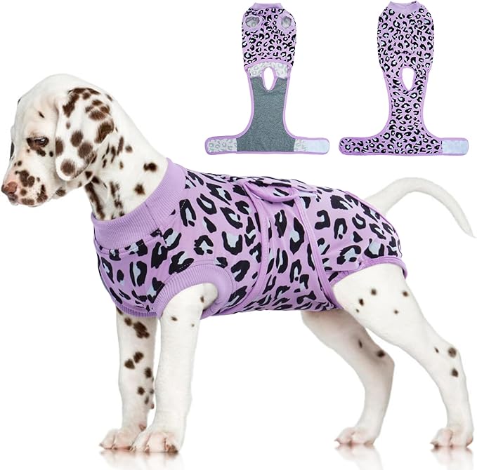 FUAMEY Recovery Suit for Dogs After Surgery,Soft Breathable Dog Bodysuit E-Collar & Cone Alternative Surgical Suit,Male Female Dog Neuter Spay Suits Anti Licking Wounds Onesie Purple Leopard S-PurrikoPets