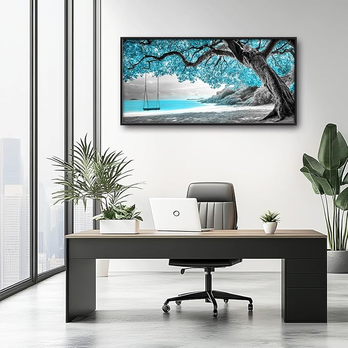 Extra Large Framed Abstract Tree Wall Art,Black and White Tree of Life Wall Decor,Blue Teal Sea Pictures for Living Room,Canvas Print Painting Modern Artwork Bedroom Office Bathroom 60L x 30W-PurrikoPets