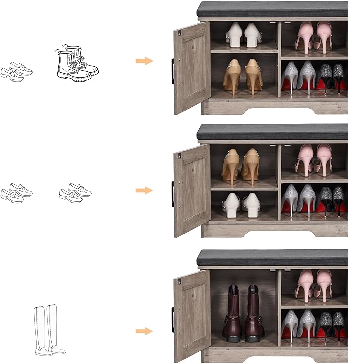2-Tier Storage Bench, Shoe Bench with Padded Seat Cushion, Entryway Bench with 2 Barn Doors, Adjustable Shelf, 13.8" D x 27.6" W x 17.7" H, for Entryway, Living Room, Bedroom, Greige-PurrikoPets