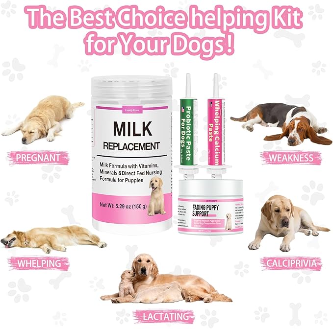 4 in 1 Whelping Kit for Dogs - Whelping Calcium Paste, Probiotic Paste, Fading Puppy Support & Puppy Milk Replacer - Essential Dog Whelping Supplies for Safe Delivery, Strong Puppies & Nursing Support-PurrikoPets