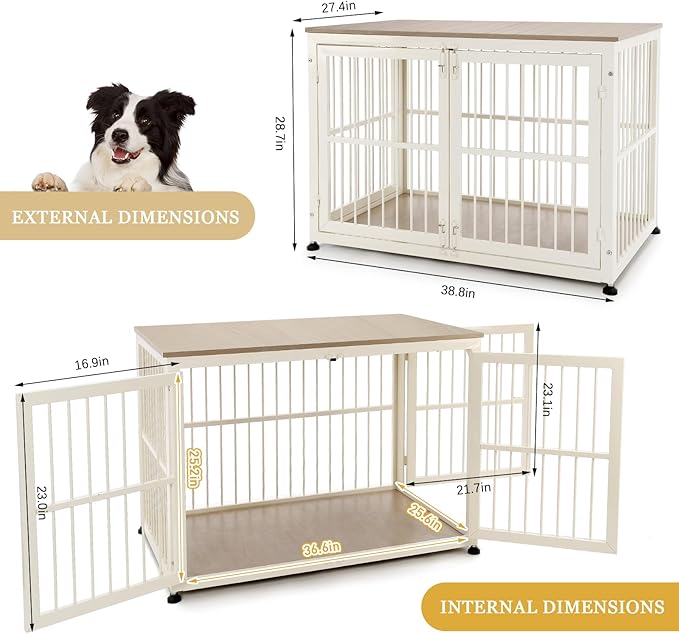 40 Inch Dog Crate Furniture for Large Medium Dogs, Wooden Heavy Duty Dog Kennel with Double Doors, Decorative Pet House Dog Cage Side End Table Indoor, Pet Cage Dog House, Beige-PurrikoPets