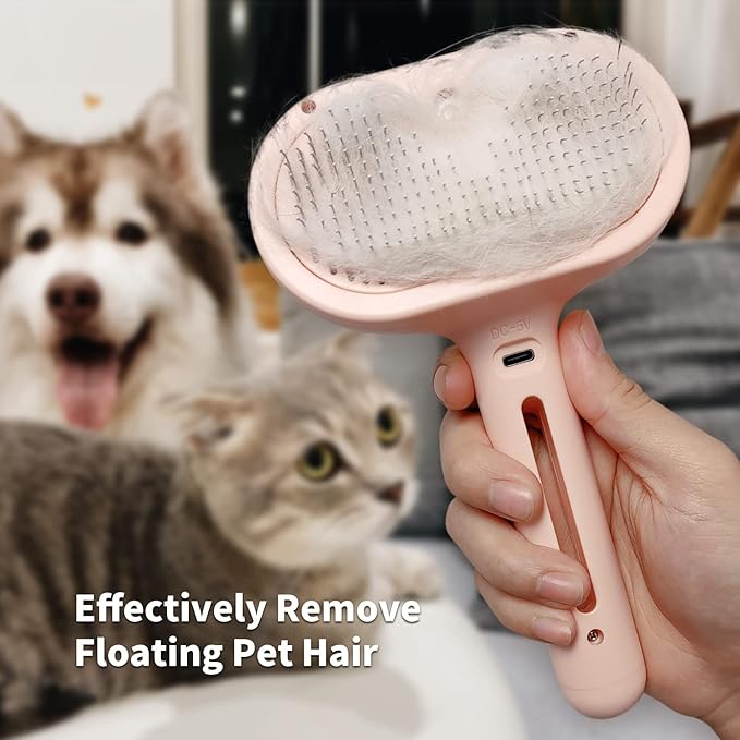 3-in-1 Steam Brush with Release Button and Tank, Anti-Static Pet Brush for Long and Short Hair - Removes Tangles and Loose Hair (Pink)-PurrikoPets