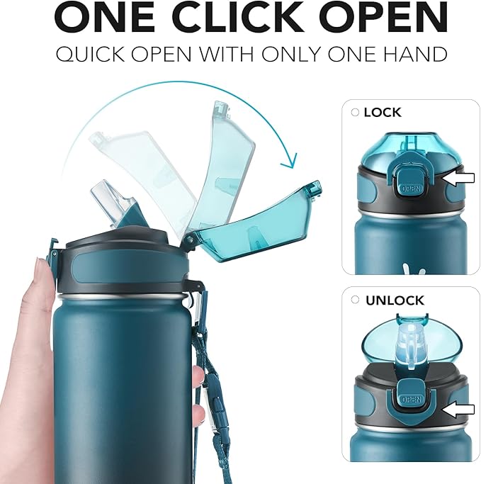 Enerbone 24 oz Insulated Water Bottle, Stainless Steel Bottle with Carrying Strap, Double-Wall Vacuum Insulation Design, Leakproof Sports Bottle with Straw, Keep Drinks Cold or Hot for Hours-PurrikoPets