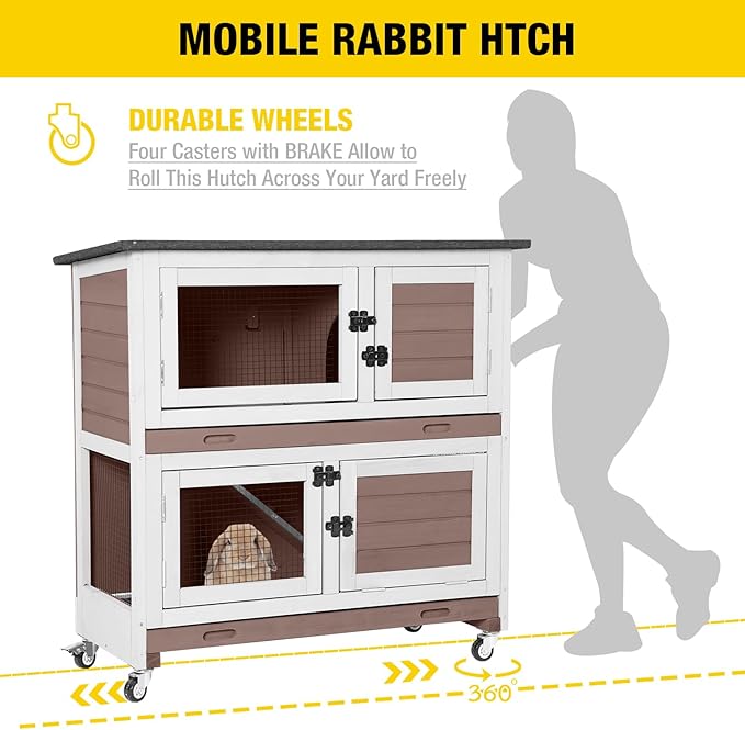 AIVITUVIN Wooden Rabbit Hutch Indoor Outdoor Rabbit Cage with Two Removable Trays Bunny Cage on Wheels Pet House Guinea Pig Cage 2 Story (Brown)-PurrikoPets