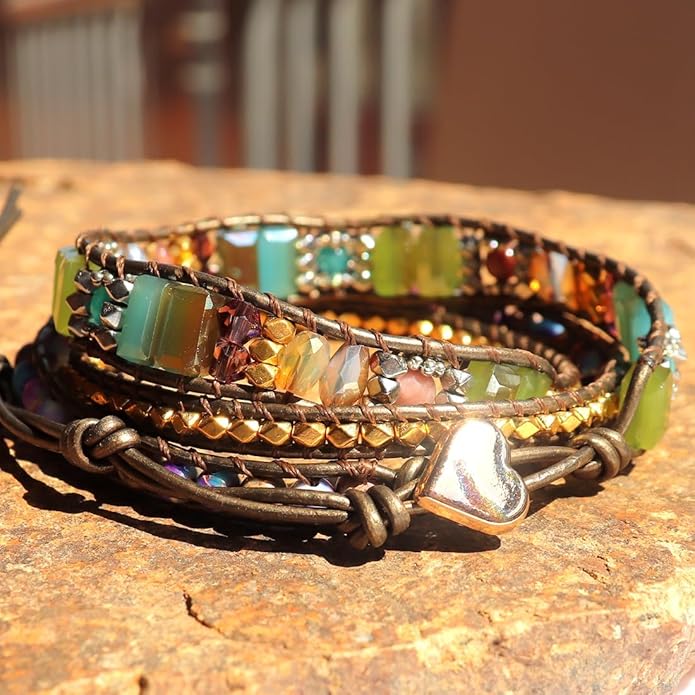 YGLINE Boho Handmade Wrap Leather Tube Crystal Stone Bracelet for Women