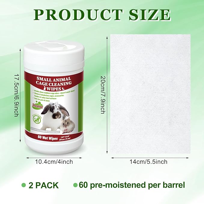 2 Pack Small Animal Cage Wipes 120 Count Small Animal Cage Clean up Wipes Removes Stubborn Caked-on Hamster Cage Cleaner for Pet Bunny Supplies Cleaning Deodorizing-PurrikoPets