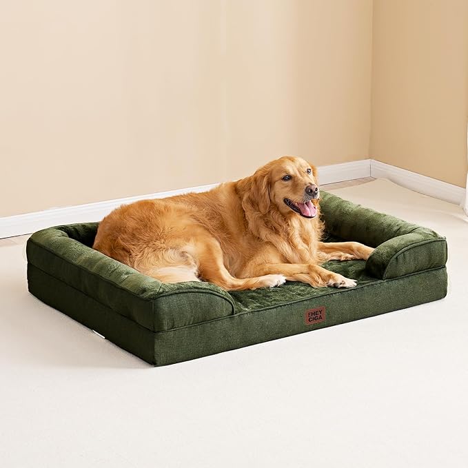 EHEYCIGA Orthopedic Dog Beds for Large Dogs, Waterproof Memory Foam Large Dog Bed with Sides, Non-Slip Bottom and Egg-Crate Foam Pet Couch Bed with Washable Removable Cover, Dark Green-PurrikoPets