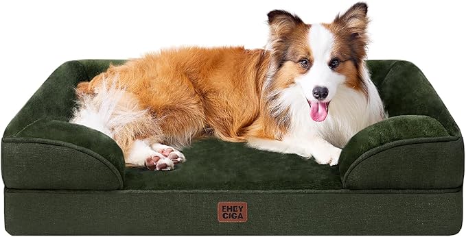 EHEYCIGA Orthopedic Dog Beds for Large Dogs, Waterproof Memory Foam Large Dog Bed with Sides, Non-Slip Bottom and Egg-Crate Foam Pet Couch Bed with Washable Removable Cover, Dark Green-PurrikoPets