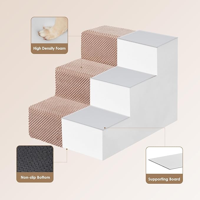 EHEYCIGA Dog Stairs for Small Dogs 13.5" H, 3-Step Dog Steps for Couch Sofa and Chair, Pet Steps for Medium Cats, Non-Slip Balanced Pet Ramp Indoor, Pink-PurrikoPets