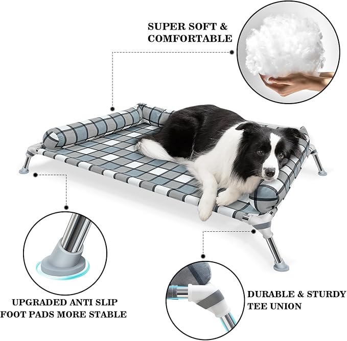 Elevated Raised Dog Bed Cot - Cooling Raised Dog Bed with Bolster Portable Washable Pet Hammock with Pillows & Metal Frame for Indoor & Outdoor, Large-PurrikoPets