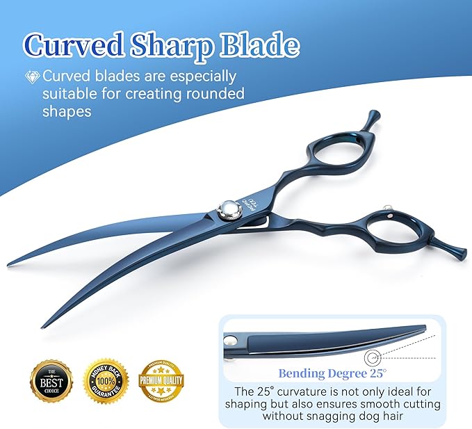 7 inch Matte Blue Curved Dog Grooming Scissors Professional 440C Stainless Steel Dog Shears Smooth Cutting Comfortable Grip and Easy to Use for Groomers and Home Use-PurrikoPets