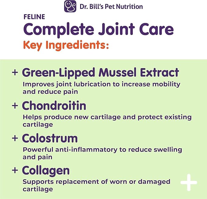 Dr. Bill’s Feline Complete Joint Care | Advanced Hip & Joint Supplement for Cats | Green Lipped Mussel Extract, Collagen Type II, Chondroitin, Hyaluronic Acid, Omega 3 and Colostrum | Powder, 85g-PurrikoPets