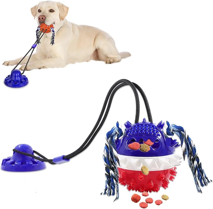Aggressive Chewer Dog Toys - Rope Toys with Suction Cup, Teething Treats & Puzzle Food Dispensing Ball (Navy Blue)-PurrikoPets