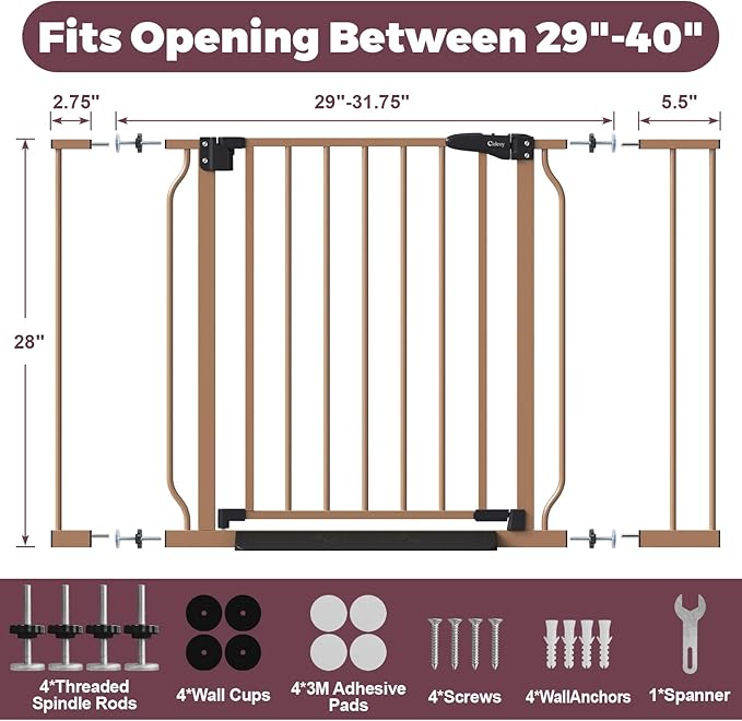 29"-40" Baby Gate for Stairs, Auto Close Stroller Friendly Dog Gate Indoor for Doorways, Pressure Mounted Baby Gate, Easy Walk Through Gate for Children & Pets, Brown-PurrikoPets