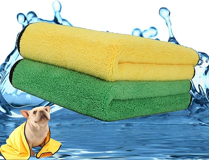2 Pack Dog Towels Super Absorbent Pet Bath Towel Microfiber Dog Drying Towel for Small Medium Large Dogs and Cats, Machine Washable, 19.7Inch x 39.4Inch, Yellow-Grey & Green-Grey-PurrikoPets