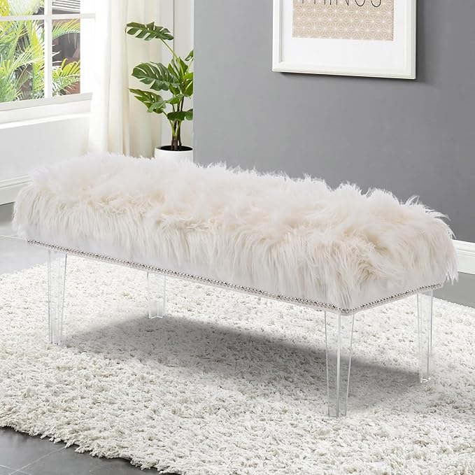 46 Inch White Bedroom Bench, Benches for Bedroom White Faux Fur Upholstered Bed end Bench, Tufting Ottoman Bench Indoor Bench with Acrylic Legs for Living Room Bedroom Entryway-PurrikoPets
