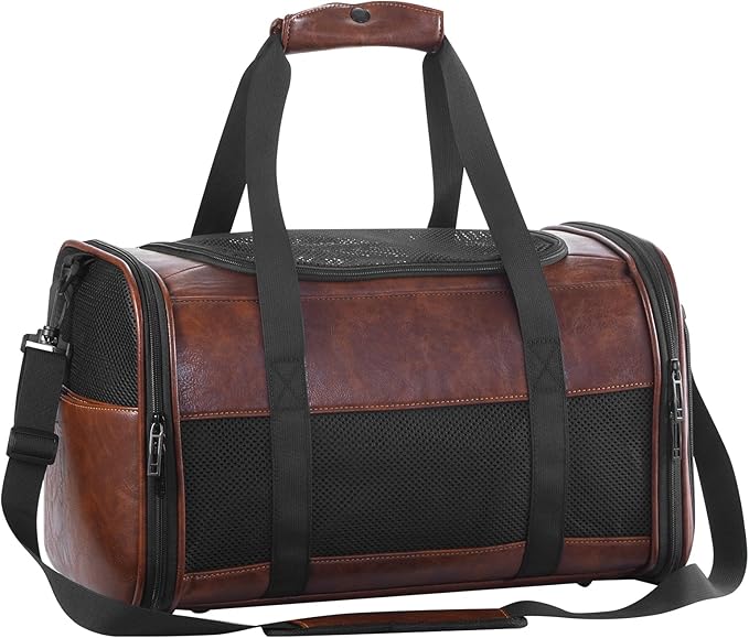 Fashion Leather Dog Carrier, Airline Approved Cat Carrier Soft Sided Pet Bag Carrier Purse for Puppy Kitten Small Animals Coffee-PurrikoPets