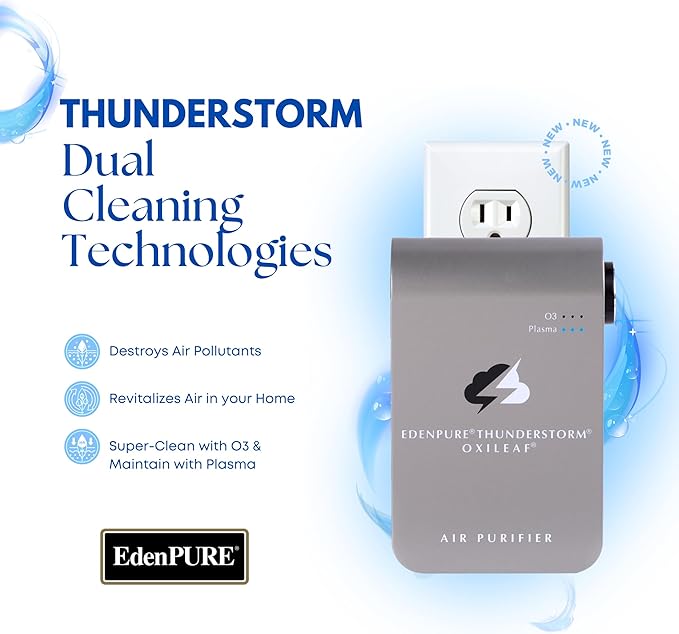 EdenPURE Thunderstorm III Air Purifier – Small Plug-In Ozone Generator & Ionizer – Eliminates Odors, Pet Smells, Smoke, Mold – Filter-Free Portable Cleaner for Home, Travel, Car, Office Use-PurrikoPets
