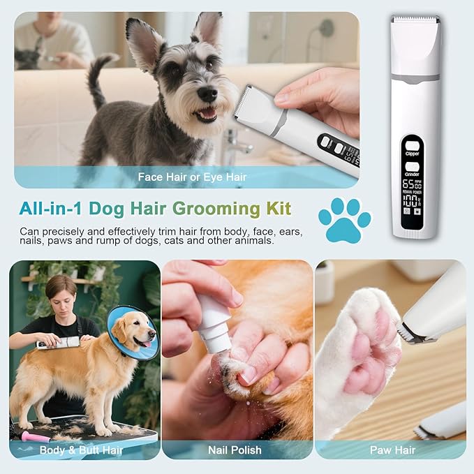 4 in 1 Dog Clippers Grooming Kit with LED Screen, Cordless Quiet Paw Trimmer & Nail Grinder, Rechargeable Waterproof Feet Ear Body Hair Shaver for Cats Dogs Pet Supplies-PurrikoPets