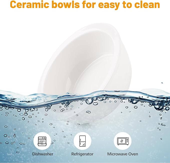 Elevated Cat Bowls, Tilted Rised Cat Food and Water Bowl with 2 Pcs Ceramic Pet Bowls, Rised Stand, Pet Dish Anti Vomiting Feeding Station for All Sized Cats & Small Dogs (White)-PurrikoPets