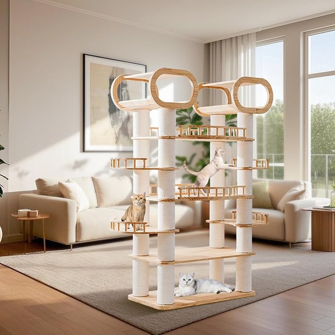 76.8'' Modern Cat Tree, Tall Cat Tower for Indoor Cats, Pine Wood Climb Tower with 2 Removable Mats, Heavy Duty Cat Furniture with Fully Wrapped Scratching Post, Huge Cat Condo for Multi-Cat Families-PurrikoPets